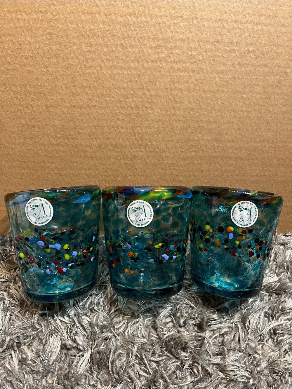 Amici Teal Glass Votive Set with Multicolor Confetti
